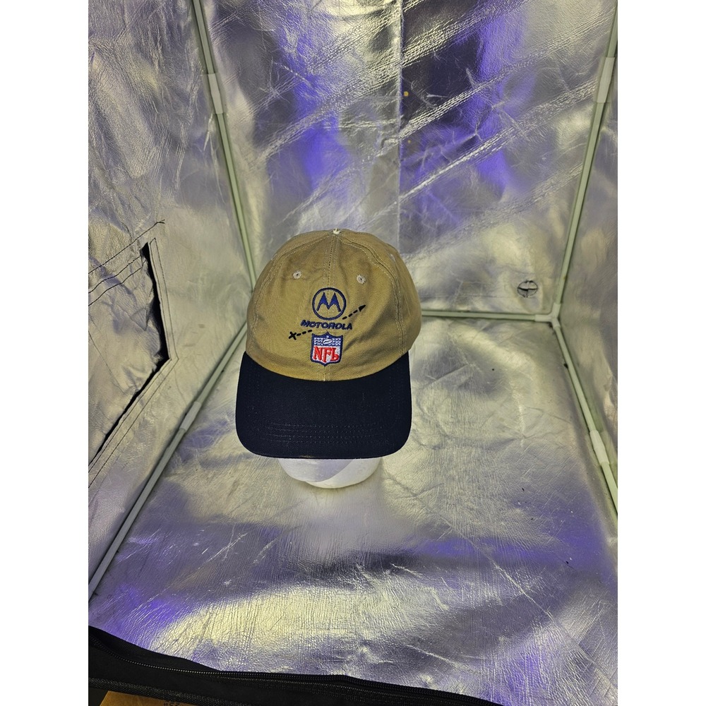 Vintage Motorola NFL Hat Khaki Navy Blue Made in USA Strapback Cap Baseball